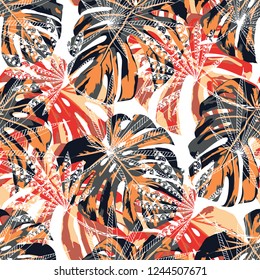 Exotic Leaves. Seamless Pattern with Hawaiian Jungle. Modern Colorful Texture for Paper, Swimwear, Cloth. Vector Tropical Pattern.
