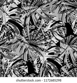 Exotic Leaves. Seamless Pattern with Indian Rainforest. Modern Black and White Texture for Dress, Curtain, Cloth. Vector Tropical Pattern.