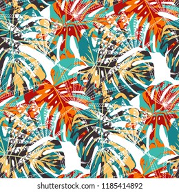 Exotic Leaves. Seamless Pattern with Indian Jungle. Retro Colorful Texture for Fabric, Textile, Linen. Vector Tropical Pattern.