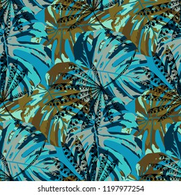 Exotic Leaves. Seamless Pattern with Indian Jungle. Trendy Colorful Texture for Print, Swimwear, Underwear. Vector Tropical Pattern.
