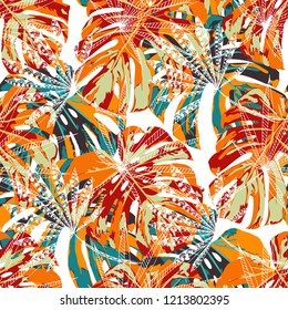 Exotic Leaves. Seamless Pattern with Indian Jungle. Vintage Colorful Texture for Paper, Wallpaper, Textile. Vector Tropical Pattern.