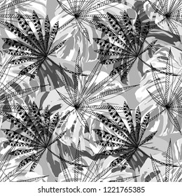 Exotic Leaves. Seamless Pattern with Indian Jungle. Modern Black and White Texture for Print, Textile, Linen. Vector Tropical Pattern.