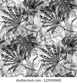 Exotic Leaves. Seamless Pattern with Indian Jungle. Modern Black and White Texture for Print, Textile, Underwear. Vector Tropical Pattern.