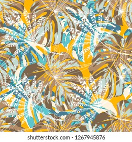 Exotic Leaves. Seamless Pattern with Indian Rainforest. Vintage Colorful Texture for Dress, Curtain, Cloth. Vector Tropical Pattern.