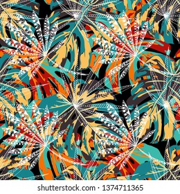 Exotic Leaves. Seamless Pattern with Indian Rainforest. Trendy Colorful Texture for Print, Textile, Underwear. Vector Tropical Pattern.