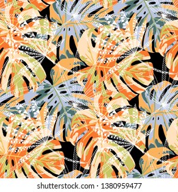 Exotic Leaves. Seamless Pattern with Indian Jungle. Retro Colorful Texture for Fabric, Textile, Linen. Vector Tropical Pattern.