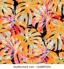 Exotic Leaves. Seamless Pattern with Indonesian Rainforest. Vintage Colorful Texture for Fabric, Textile, Linen. Vector Tropical Pattern.