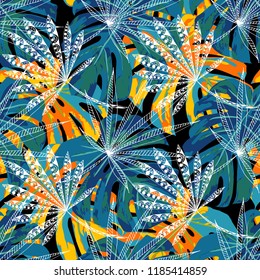 Exotic Leaves. Seamless Pattern with Indonesian Jungle. Trendy Colorful Texture for Dress, Curtain, Cloth. Vector Tropical Pattern.
