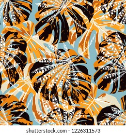 Exotic Leaves. Seamless Pattern with Indonesian Jungle. Modern Colorful Texture for Paper, Swimwear, Textile. Vector Tropical Pattern.