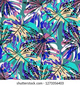 Exotic Leaves. Seamless Pattern with Indonesian Jungle. Vintage Colorful Texture for Print, Swimwear, Underwear. Vector Tropical Pattern.