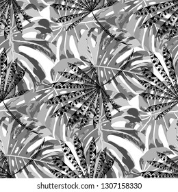 Exotic Leaves. Seamless Pattern with Indonesian Rainforest. Trendy Black and White Texture for Fabric, Wallpaper, Linen. Vector Tropical Pattern.