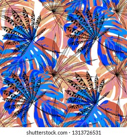 Exotic Leaves. Seamless Pattern with Indonesian Rainforest. Retro Colorful Texture for Dress, Swimwear, Cloth. Vector Tropical Pattern.