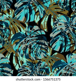 Exotic Leaves. Seamless Pattern with Indonesian Jungle. Retro Colorful Texture for Print, Textile, Linen. Vector Tropical Pattern.