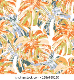 Exotic Leaves. Seamless Pattern with Indonesian Jungle. Retro Colorful Texture for Paper, Swimwear, Cloth. Vector Tropical Pattern.