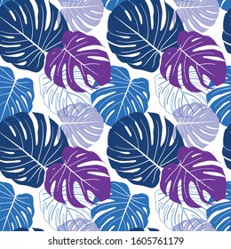 Exotic leaves seamless pattern. Tropical monstera leaves colorful background. Blue, magenta, violet. Use for gift paper, textile, fabric, wallpaper - Vector