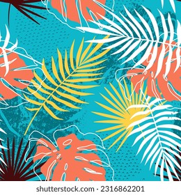 Exotic leaves seamless pattern. Vector graphic for backgrounds, textiles and apparel. Design for tshirts and clothes. Palms, monstera and textures. Hand drawn aesthetic. Botanical aesthetic.