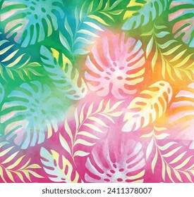 Exotic leaves. Seamless tropical pattern. Vector background with plants in light pastel palette. watercolor gradient 