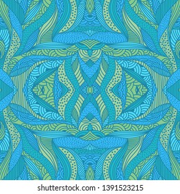 Exotic leaves shapes seamless pattern. Doodle hand draw whimsical abstract waves ornaments background. Wavy geometric mosaic tiles design.