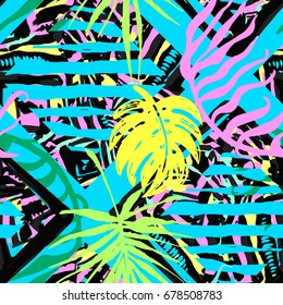 Exotic leaves summer funky seamless pattern.80s 90s pop art memphis style.Hand drawn ink artistic trendy sport fashion background. Expressive ornament for textile,wrapping, decoration  