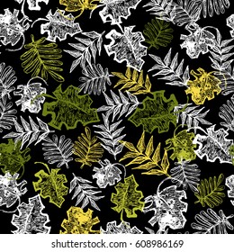 Exotic leaves. Tropical background with palm leaves. Seamless floral pattern. Sketch. Ink.