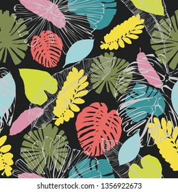 Exotic leaves. Tropical plant. Tropical colorful jungle. Plant splash. Dark gray background. Summer seamless pattern. For textile, cloth, scrapbooking, wrapping paper, fabric, banner.