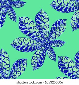 Exotic Leaves of Tropical Plants. Seamless Pattern with Big Leaves for Print, Calico, Cotton. Exotic Pattern in Boho Style. Zentangle Leaves of Chestnut in Bright Retro Colors.