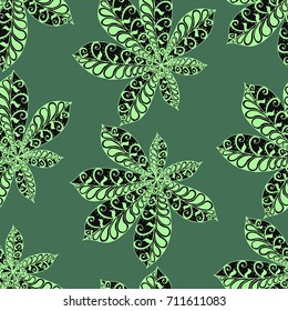 Exotic Leaves of Tropical Plants. Seamless Pattern with Big Leaves for Print, Calico, Cotton. Exotic Pattern in Boho Style. Zentangle Leaves of Chestnut in Bright Retro Colors.