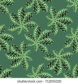 Exotic Leaves of Tropical Plants. Seamless Pattern with Big Leaves for Print, Calico, Cotton. Exotic Pattern in Boho Style. Zentangle Leaves of Chestnut in Bright Retro Colors.