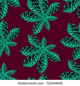 Exotic Leaves of Tropical Plants. Seamless Pattern with Big Leaves for Print, Calico, Cotton. Exotic Pattern in Boho Style. Zentangle Leaves of Chestnut in Bright Retro Colors.