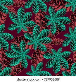 Exotic Leaves of Tropical Plants. Seamless Pattern with Big Leaves for Print, Calico, Cotton. Exotic Pattern in Boho Style. Zentangle Leaves of Chestnut in Bright Retro Colors.