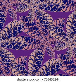 Exotic Leaves of Tropical Plants. Seamless Pattern with Big Leaves for Print, Calico, Cotton. Exotic Pattern in Boho Style. Zentangle Leaves of Chestnut in Bright Retro Colors.