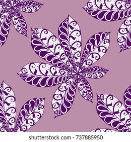 Exotic Leaves of Tropical Plants. Seamless Pattern with Big Leaves for Print, Calico, Cotton. Exotic Pattern in Boho Style. Zentangle Leaves of Chestnut in Bright Retro Colors.