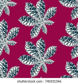 Exotic Leaves of Tropical Plants. Seamless Pattern with Big Leaves for Print, Calico, Cotton. Exotic Pattern in Boho Style. Zentangle Leaves of Chestnut in Bright Retro Colors.