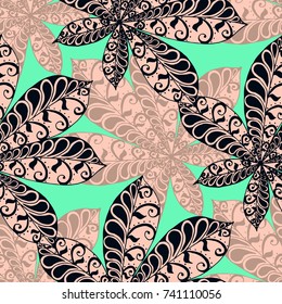 Exotic Leaves of Tropical Plants. Seamless Pattern with Big Leaves for Print, Calico, Cotton. Exotic Pattern in Boho Style. Zentangle Leaves of Chestnut in Bright Retro Colors.
