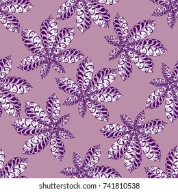 Exotic Leaves of Tropical Plants. Seamless Pattern with Big Leaves for Print, Calico, Cotton. Exotic Pattern in Boho Style. Zentangle Leaves of Chestnut in Bright Retro Colors.
