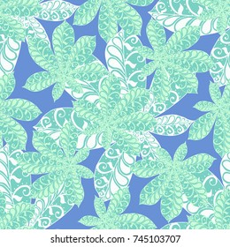 Exotic Leaves of Tropical Plants. Seamless Pattern with Big Leaves for Print, Calico, Cotton. Exotic Pattern in Boho Style. Zentangle Leaves of Chestnut in Bright Retro Colors.