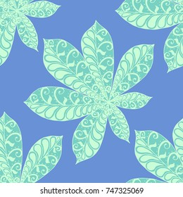 Exotic Leaves of Tropical Plants. Seamless Pattern with Big Leaves for Print, Calico, Cotton. Exotic Pattern in Boho Style. Zentangle Leaves of Chestnut in Bright Retro Colors.