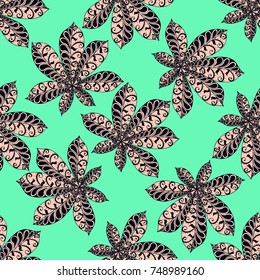Exotic Leaves of Tropical Plants. Seamless Pattern with Big Leaves for Print, Calico, Cotton. Exotic Pattern in Boho Style. Zentangle Leaves of Chestnut in Bright Retro Colors.