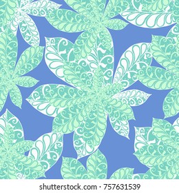Exotic Leaves of Tropical Plants. Seamless Pattern with Big Leaves for Print, Calico, Cotton. Exotic Pattern in Boho Style. Zentangle Leaves of Chestnut in Bright Retro Colors.