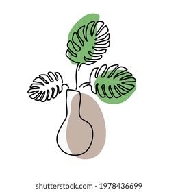 Exotic leaves in a vase. Abstract vector image, drawn in a single line in the style of line art.
