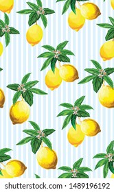 Exotic lemon seamless background. Summer vector pattern with floral pattern.
