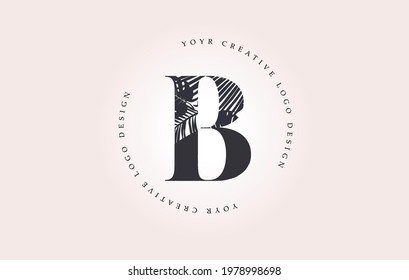 Exotic Letter B Logo with Palm Tree Leaf Pattern Texture Design Logo Icon. Creative Palm Tree Letter Logo with Modern Leafs Organic Natural Bio Idea.