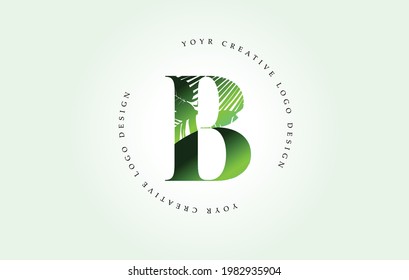 Exotic Letter B Logo with Palm Tree Leaf Pattern Texture Design Logo Icon. Creative Palm Tree Letter Logo with Modern Leafs Organic Natural Bio Idea.