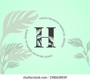 Exotic Letter H Logo with Monstera Plant Leaf Texture Design Logo Icon. Creative Tropical Monstera Plant Alphabetical Nature Logo Template.