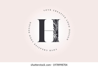Exotic Letter H Logo with Palm Tree Leaf Pattern Texture Design Logo Icon. Creative Palm Tree Letter Logo with Modern Leafs Organic Natural Bio Idea.