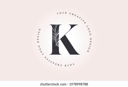 Exotic Letter K Logo with Palm Tree Leaf Pattern Texture Design Logo Icon. Creative Palm Tree Letter Logo with Modern Leafs Organic Natural Bio Idea.
