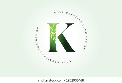 Exotic Letter K Logo with Palm Tree Leaf Pattern Texture Design Logo Icon. Creative Palm Tree Letter Logo with Modern Leafs Organic Natural Bio Idea.