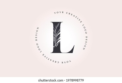 Exotic Letter L Logo with Palm Tree Leaf Pattern Texture Design Logo Icon. Creative Palm Tree Letter Logo with Modern Leafs Organic Natural Bio Idea.