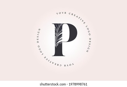 Exotic Letter P Logo with Palm Tree Leaf Pattern Texture Design Logo Icon. Creative Palm Tree Letter Logo with Modern Leafs Organic Natural Bio Idea.