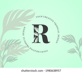 Exotic Letter R Logo With Monstera Plant Leaf Texture Design Logo Icon. Creative Tropical Monstera Plant Alphabetical Nature Logo Template.